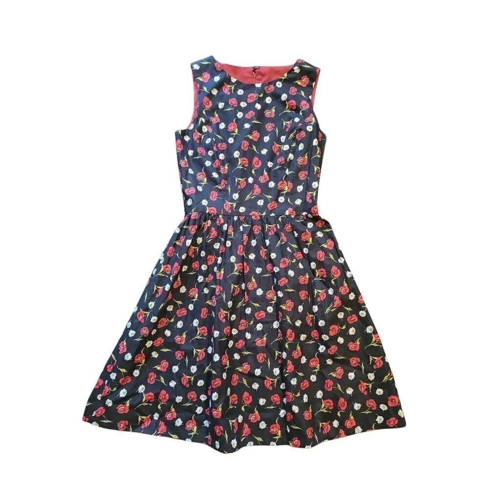 Handmade Dress Women's XS Black Floral Sleeveless Fit & Flare Retro Classic